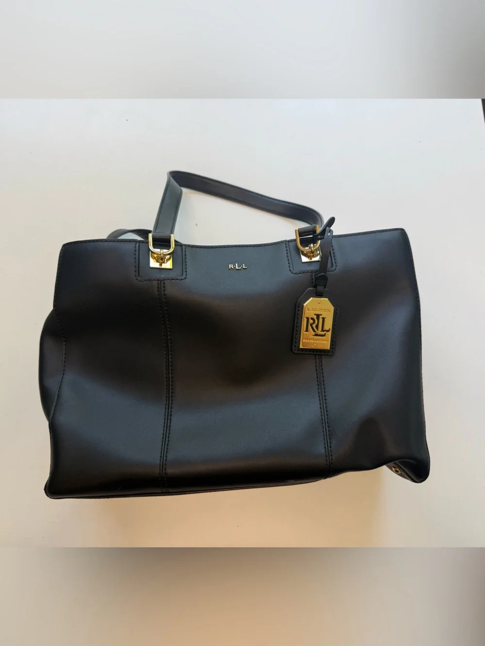 Lauren Ralph Lauren Black Leather Tote with Gold Hardware